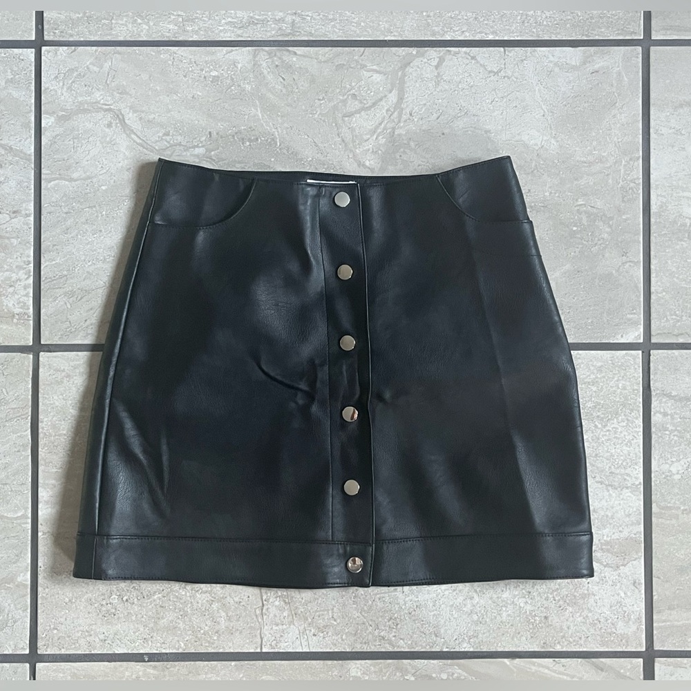 Topshop Black Leather Pencil Skirt with Button Accents